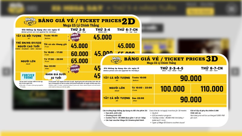 Giá vé tại Mega GS Cinemas Lý Chính Thắng